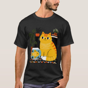 Camiseta Gato Encantador e Tigela de Peixes: Uma Cena Aconc