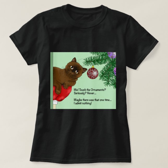 Camiseta Gato Enfeites de natal Castanho (Frente do Design)
