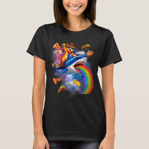 Camiseta Gato engraçado andando de tubarão arco-íris pizza