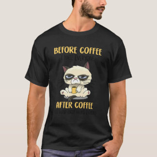 Camiseta Gato Engraçado Antes Do Café Eu Odeio Todos Depois