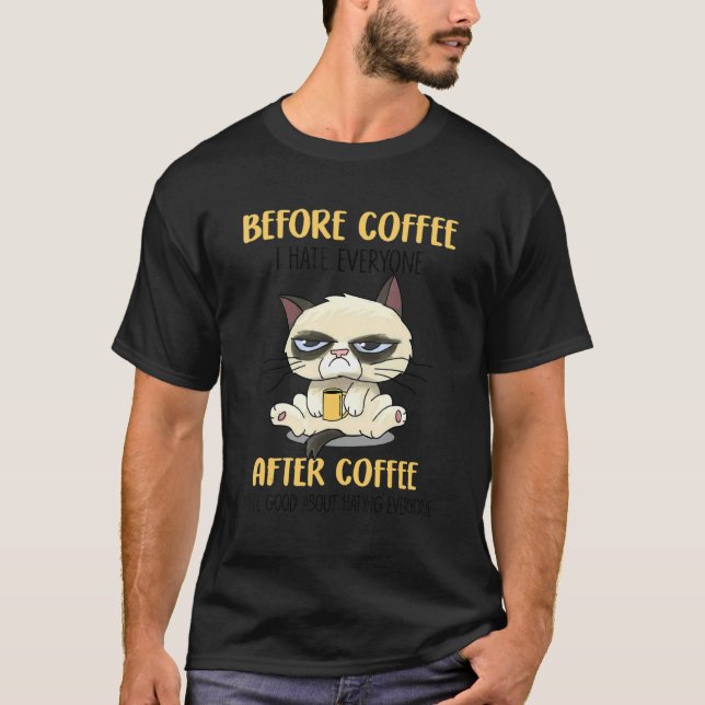 Camiseta Gato Engraçado Antes Do Café Eu Odeio Todos Depois (Frente)