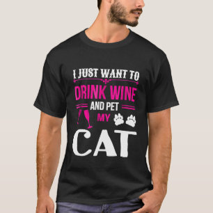 Camiseta Gato Engraçado Bebe Vinho E Acaricia Meu Gato