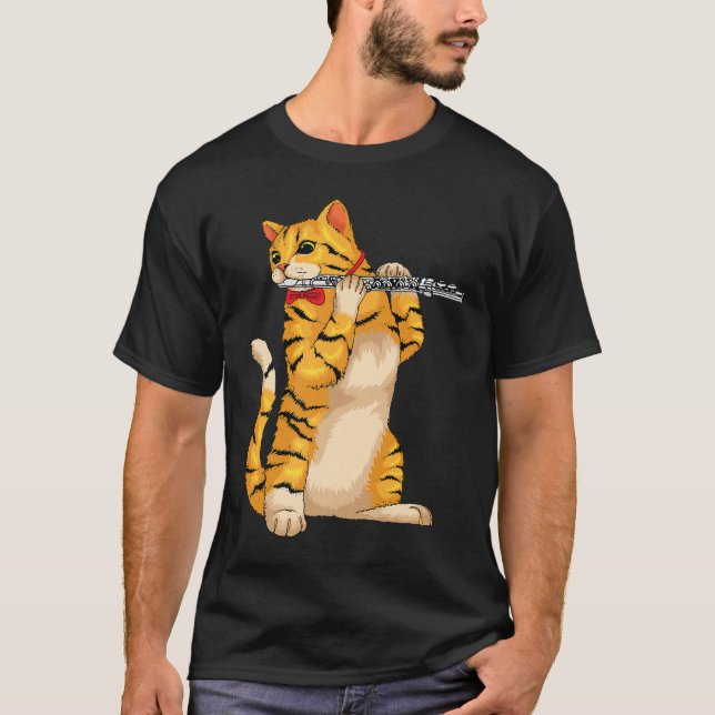 Camiseta Gato Engraçado Brincando Flute Legal Músico Animal (Frente)