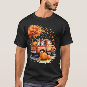 Camiseta Gato Engraçado Caminhão Abóbora Outono Folhas de O