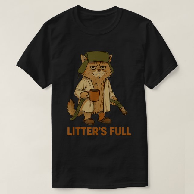 Camiseta Gato Engraçado com a Caixa de Areia Cheia Meme (Frente do Design)