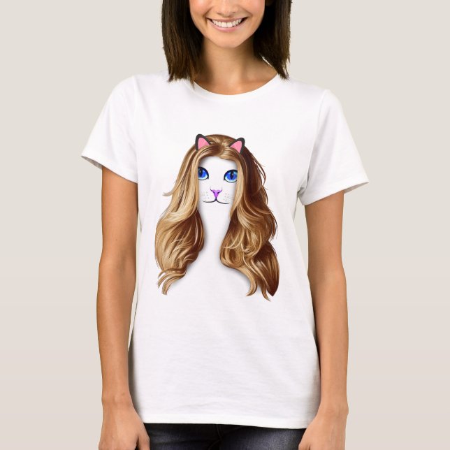 Camiseta Gato engraçado com cabelo doce sorriso (Frente)