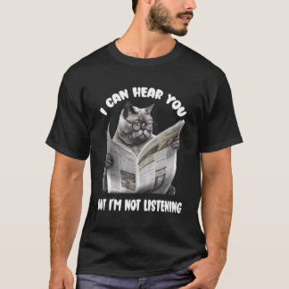 Camiseta Gato Engraçado Com Jornal Eu Posso Ouvir Você Mas