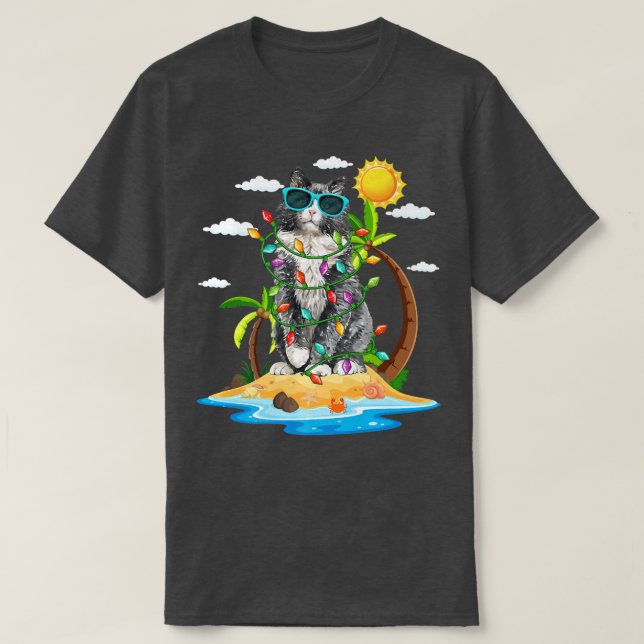 Camiseta Gato Engraçado Com Luzes de Natal Vibrações de Ver (Frente do Design)