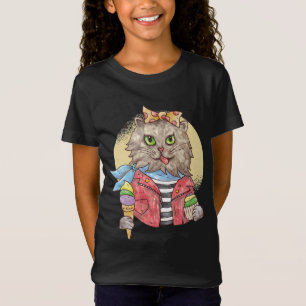 Camiseta Gato Engraçado com Sorvete de Design de Aquarela