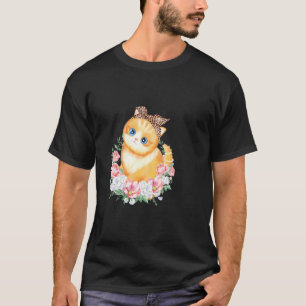 Camiseta Gato Engraçado Com Tira de Leopardo Boho Flor Gati