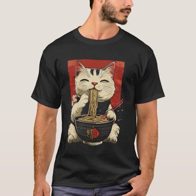 Camiseta Gato Engraçado Comendo Macarrão Ramen (Frente)