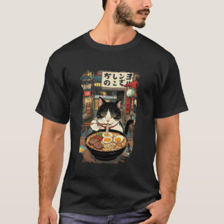 Camiseta Gato Engraçado Comendo Macarrão Ramen Noite Retro