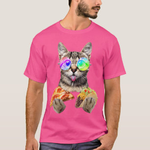 Camiseta Gato Engraçado Comendo Pizza e Tacos de Óculos de