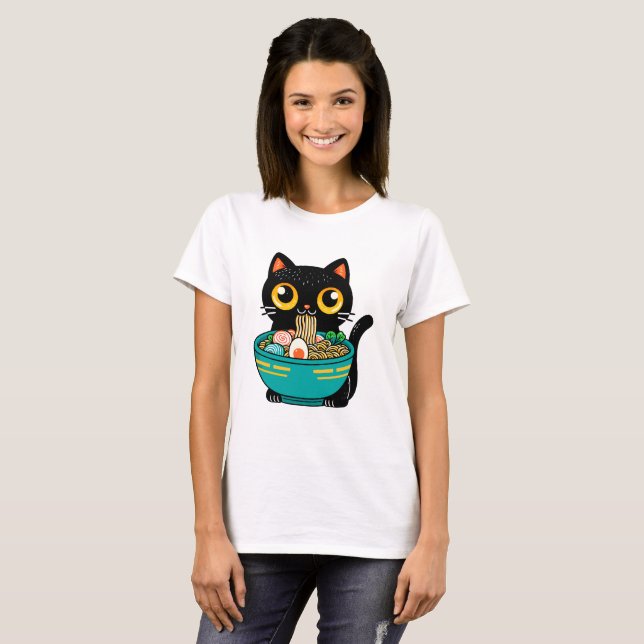 Camiseta Gato Engraçado Comendo Ramen Japonês Gatos Ramen N (Frente Completa)