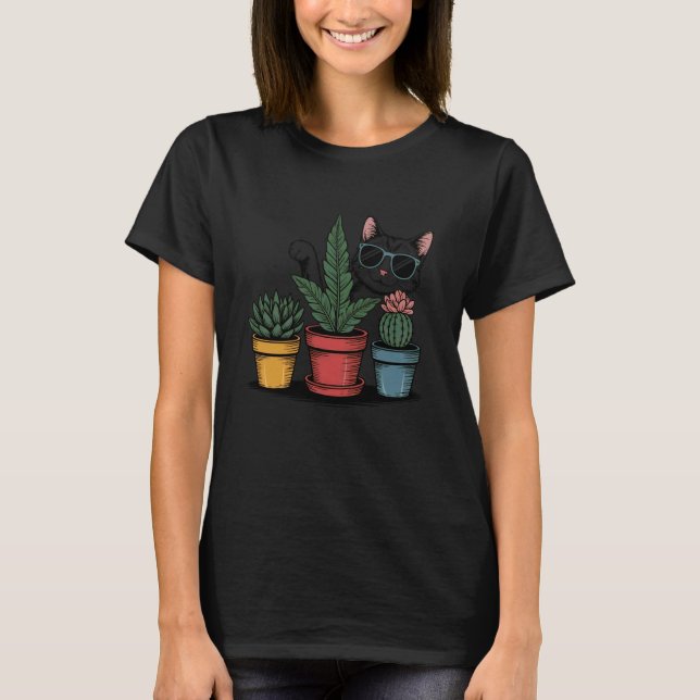 Camiseta Gato Engraçado de Óculos de Sol com Vasos de Flore (Frente)