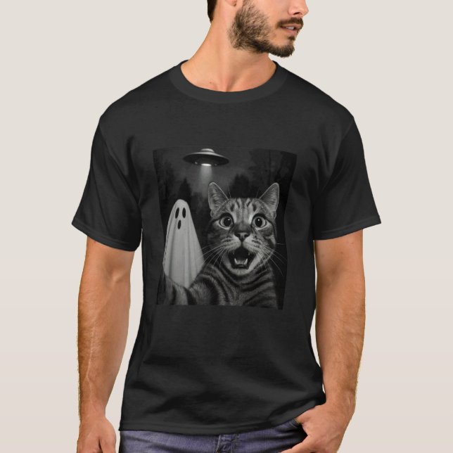 Camiseta Gato engraçado de selfie de Halloween com nave esp (Frente)