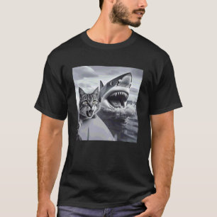 Camiseta Gato Engraçado de Surfe Selfie com Meme de Tubarão
