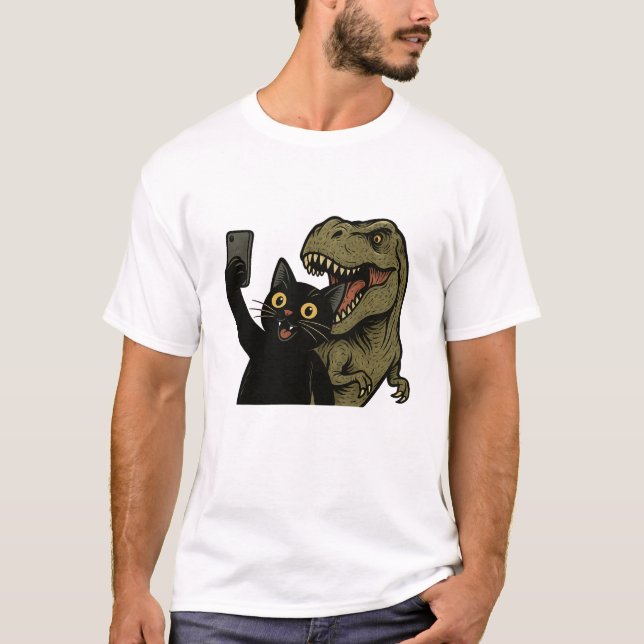 Camiseta Gato Engraçado Dinossauro Selfie, Legal Amante de  (Frente)