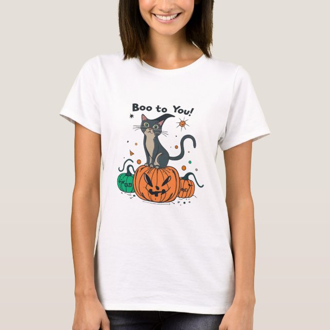 Camiseta Gato engraçado do Halloween dizendo "Boo para você (Frente)