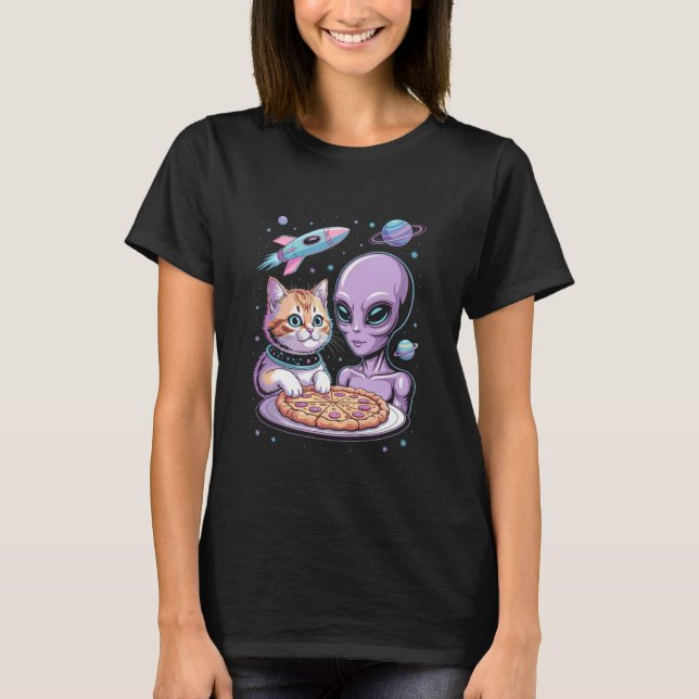 Camiseta Gato Engraçado e Alien Compartilhando Pizza Espaço (Frente)