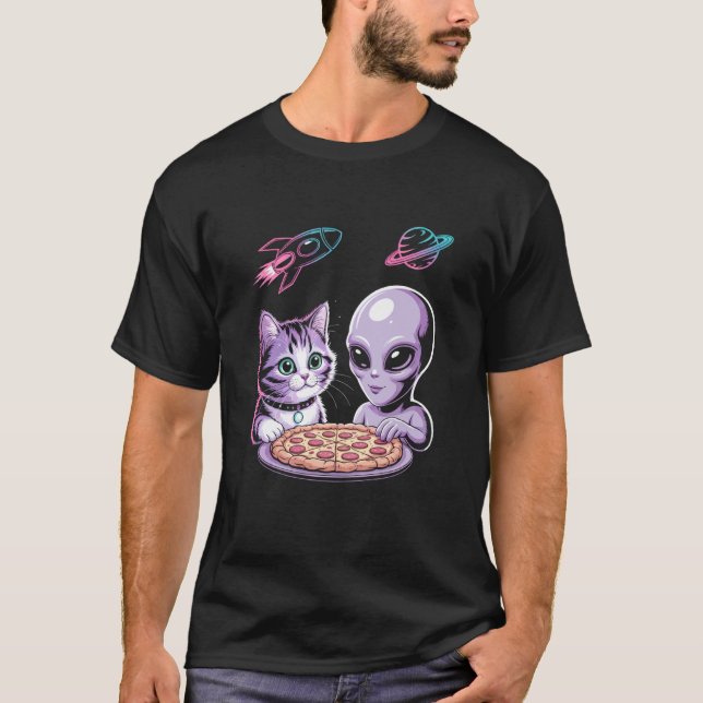 Camiseta Gato Engraçado e Alien Compartilhando Pizza Espaço (Frente)