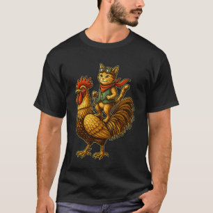 Camiseta Gato Engraçado em Cavalgada de Galo Frango Piloto
