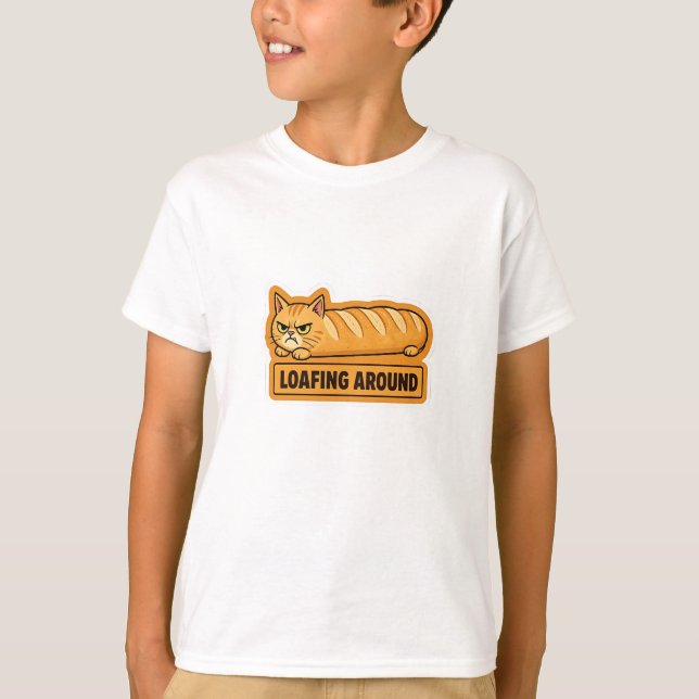 Camiseta Gato Engraçado em Forma de Pão de Forma Relaxando  (Frente)