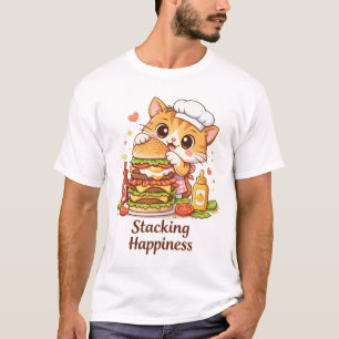 Camiseta 🍔 Gato Engraçado Empilhando Hambúrguer – Cozinha