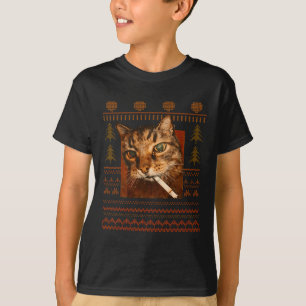Camiseta Gato Engraçado Fumando Meme Natal Feio Para Homens