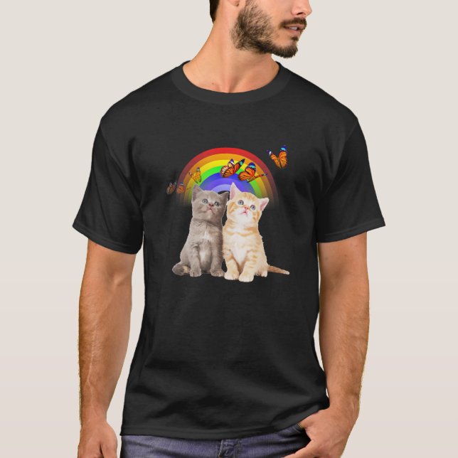 Camiseta Gato Engraçado Gato Arco-Íris Borboleta Gato Dons  (Frente)