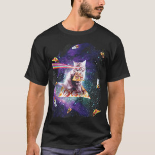 Camiseta Gato Engraçado Írio-arco-íris Olhos Andando Pizza 