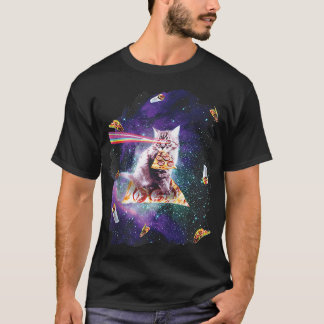 Camiseta Gato Engraçado Írio-arco-íris Olhos Andando Pizza 