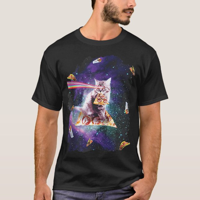 Camiseta Gato Engraçado Írio-arco-íris Olhos Andando Pizza  (Frente)