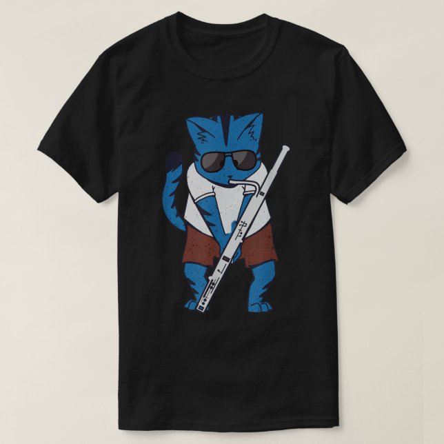 Camiseta Gato Engraçado Jogando Bassoon Vestindo Óculos de  (Frente do Design)