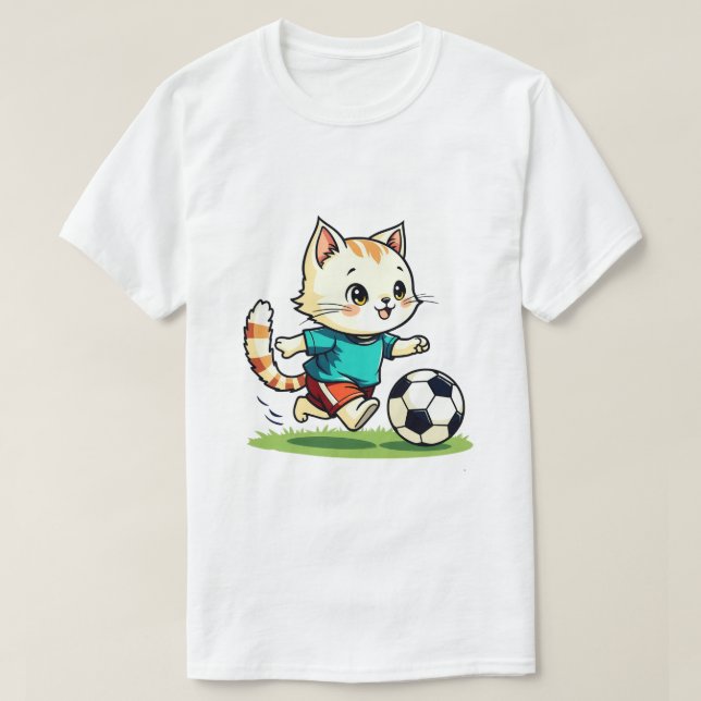 Camiseta Gato Engraçado Jogando Futebol Fofo Vintage (Frente do Design)