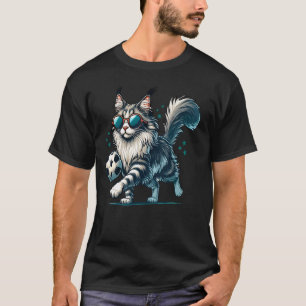 Camiseta Gato Engraçado Jogando Futebol Maine Gato Coon Jog