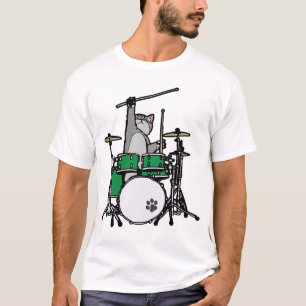 Camiseta Gato Engraçado Jogando Tambores, Baterista De Gat