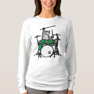 Camiseta Gato Engraçado Jogando Tambores, Baterista De Gat
