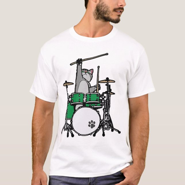 Camiseta Gato Engraçado Jogando Tambores, Baterista De Gato (Frente)