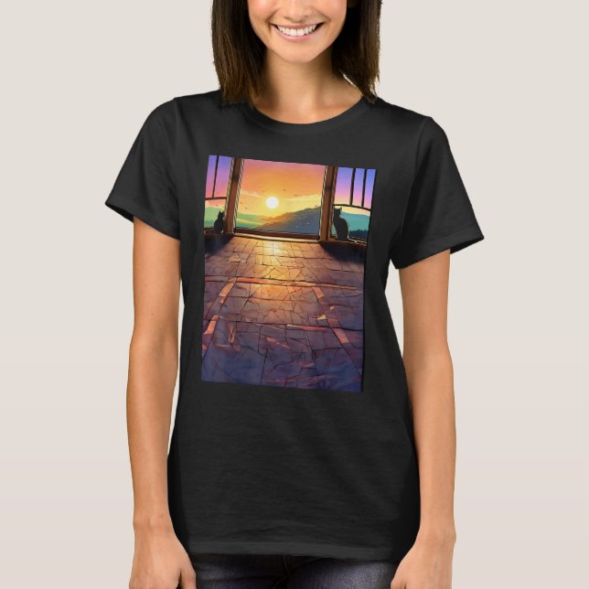 Camiseta Gato engraçado longa janela com chão (Frente)