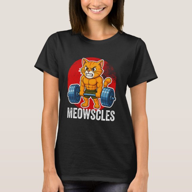 Camiseta Gato Engraçado Meowscles Ginásio Levantamento de P (Frente)