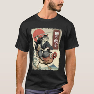 Camiseta Gato Engraçado Montando Frango Arte Japonesa Ukiyo