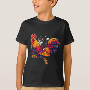 Camiseta Gato Engraçado Montando Galo Frango Animal de Faze