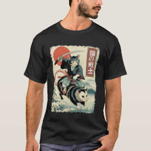 Camiseta Gato Engraçado Montando Gambá Arte Japonesa Ukiyo-