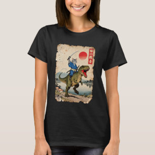 Camiseta Gato Engraçado Montando T-Rex Arte Japonesa Ukiyo-