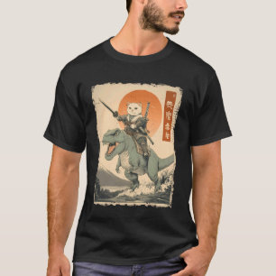 Camiseta Gato Engraçado Montando T-Rex Arte Japonesa Ukiyo-