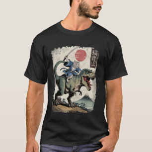 Camiseta Gato Engraçado Montando T Rex Arte Japonesa Ukiyo-