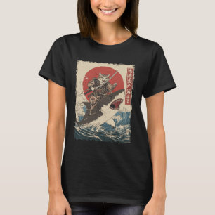 Camiseta Gato Engraçado Montando Tubarão Arte Japonesa Ukiy