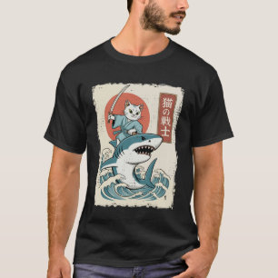 Camiseta Gato Engraçado Montando Tubarão Arte Japonesa Ukiy