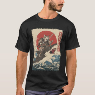 Camiseta Gato Engraçado Montando Tubarão Arte Japonesa Ukiy